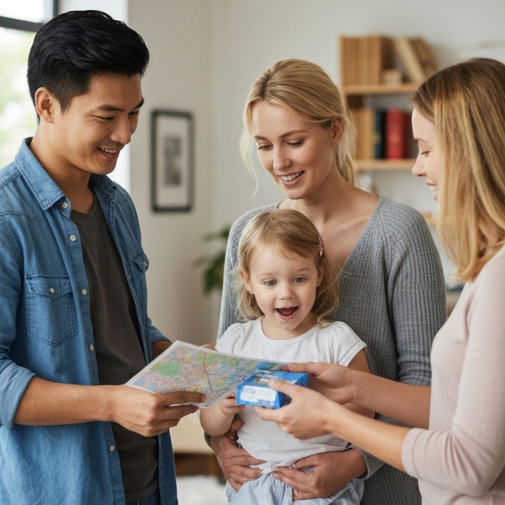 Family smiling after receiving essential aid